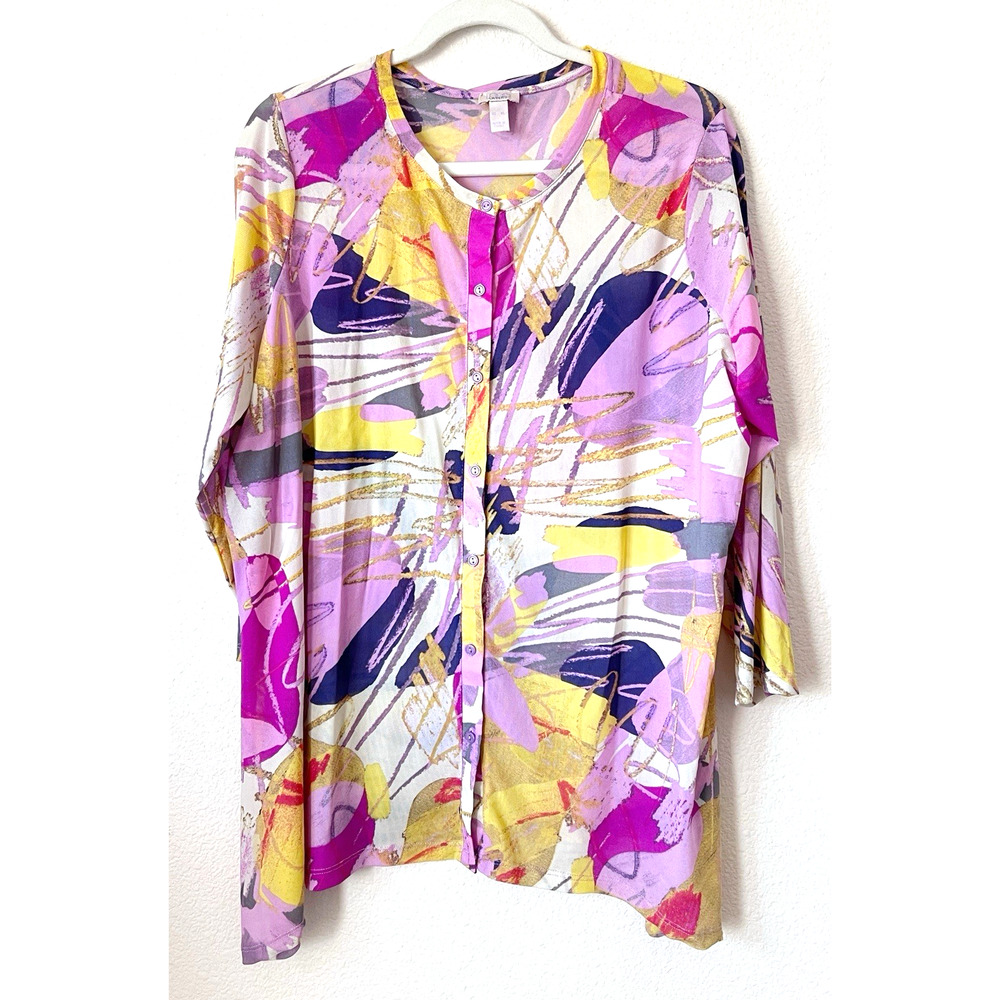 Logo Layers by Lori Goldstein Womens Top XL Button Front Pink Stretch Sheer Mesh